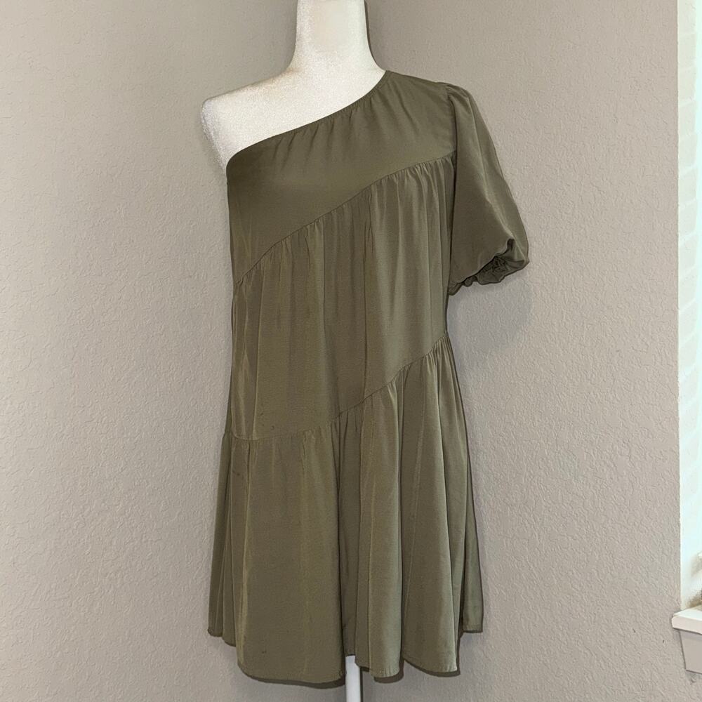 KIRUNDO One‎ Shoulder Mini Baby Doll Khaki Green Dress Boho Women's Size Small